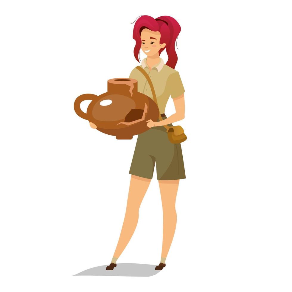 Ilustracion De Vector De Color Plano Arqueologo Femenino Mujer Con Artefacto Antiguo Persona Con Hallazgo Historico Descubrimiento De Ceramica Danada Investigador Aislado Personaje De Dibujos Animados Sobre Fondo Blanco Vector En