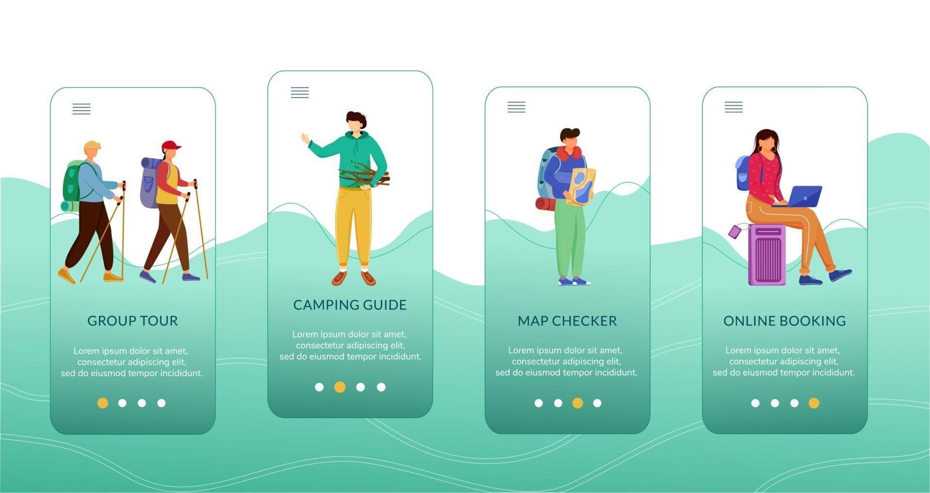 Plantilla de vector de pantalla de aplicación móvil de incorporación de turismo de presupuesto. guía de camping y verificador de mapas. tour en grupo. paso a paso del sitio web con caracteres planos. concepto de interfaz de dibujos animados de smartphone ux, ui, gui