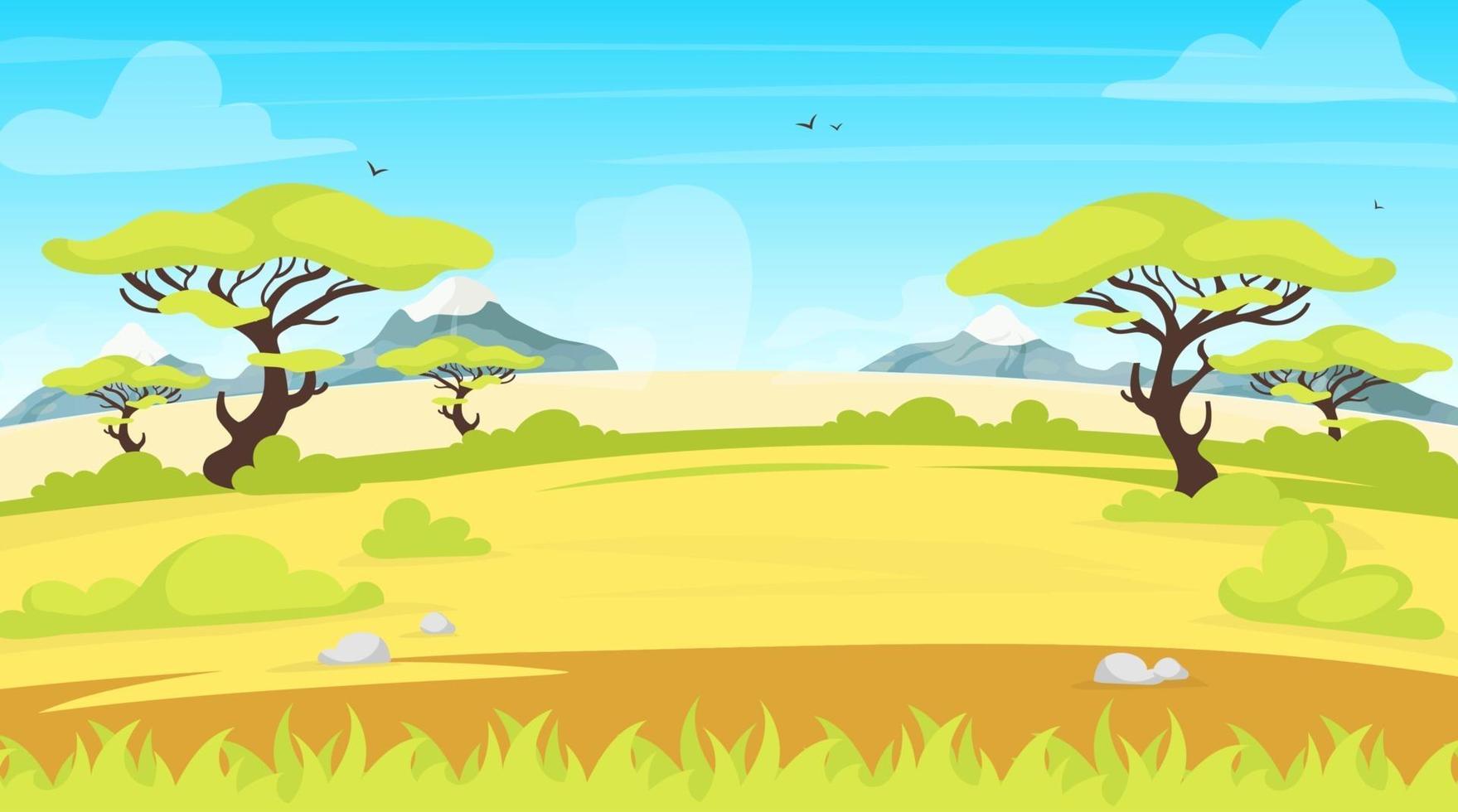 African landscape flat vector illustration. Safari panoramic land. Green savanna scene with foliage. Meadow field. Green scenery. Exortic and tropical grassland. Summer valley cartoon background