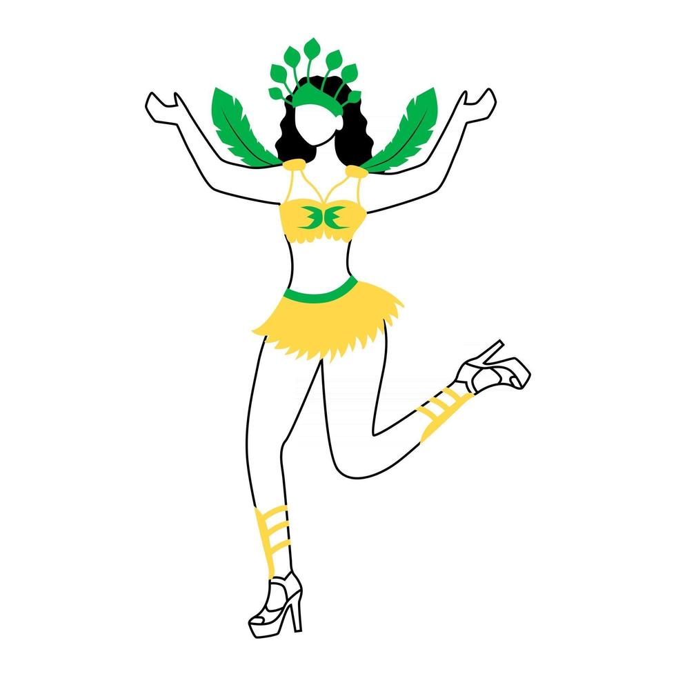 Ilustración de vector de silueta plana de bailarina de samba. mujer bailando en la parte superior y la falda corta 2d personaje de contorno aislado sobre fondo blanco. dibujo de estilo simple de actuación de carnaval