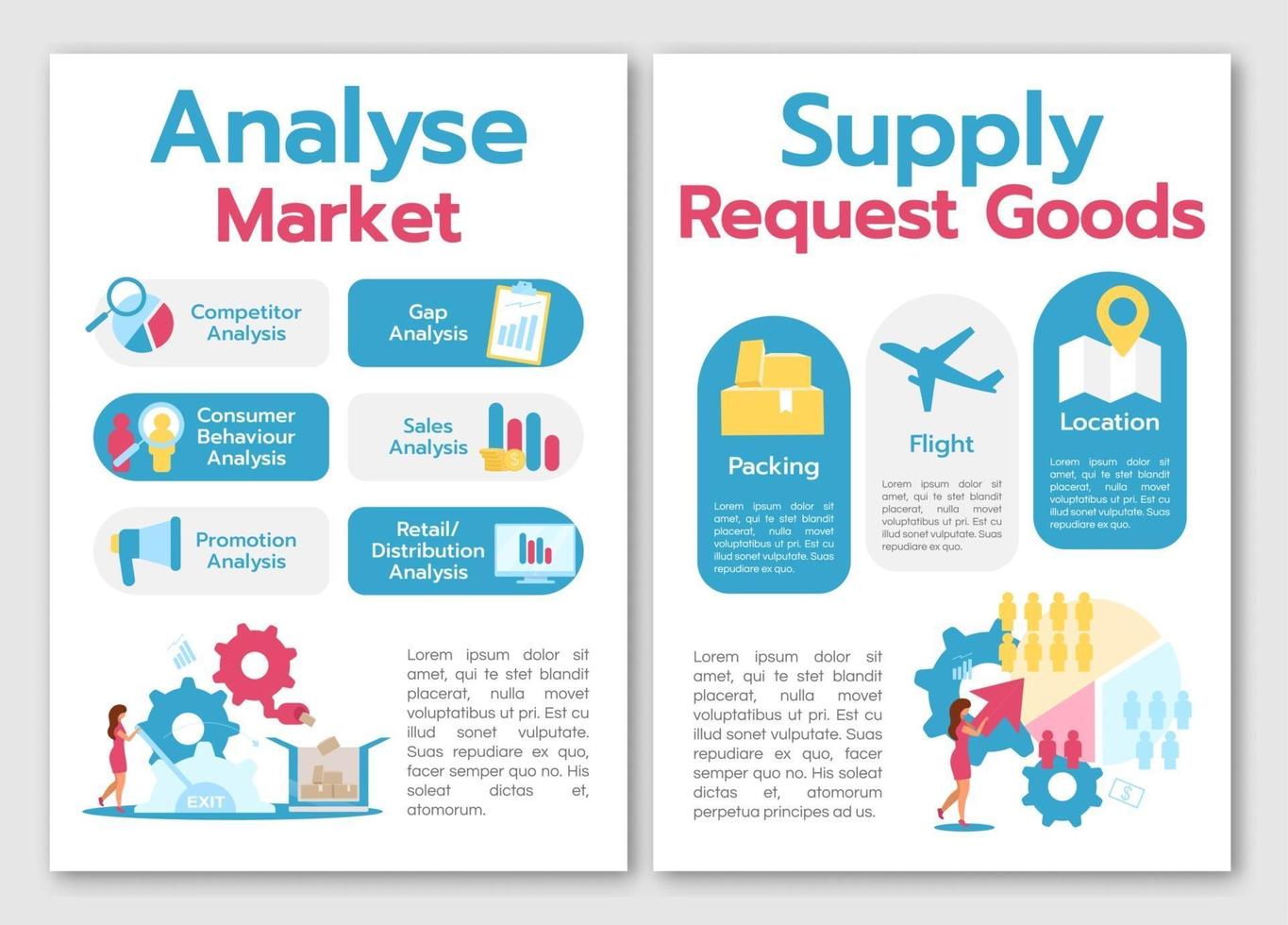 Analyse market brochure template. Supply request goods. Flyer, booklet, leaflet concept with flat illustrations. Vector page cartoon layout for magazine. advertising invitation with text space