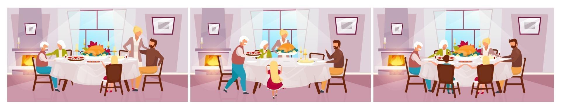 Thanksgiving day flat vector illustration set. Annual autumn holiday in United States. Grateful meal. Celebrating harvest together with grandparents. Family dinner with turkey cartoon characters