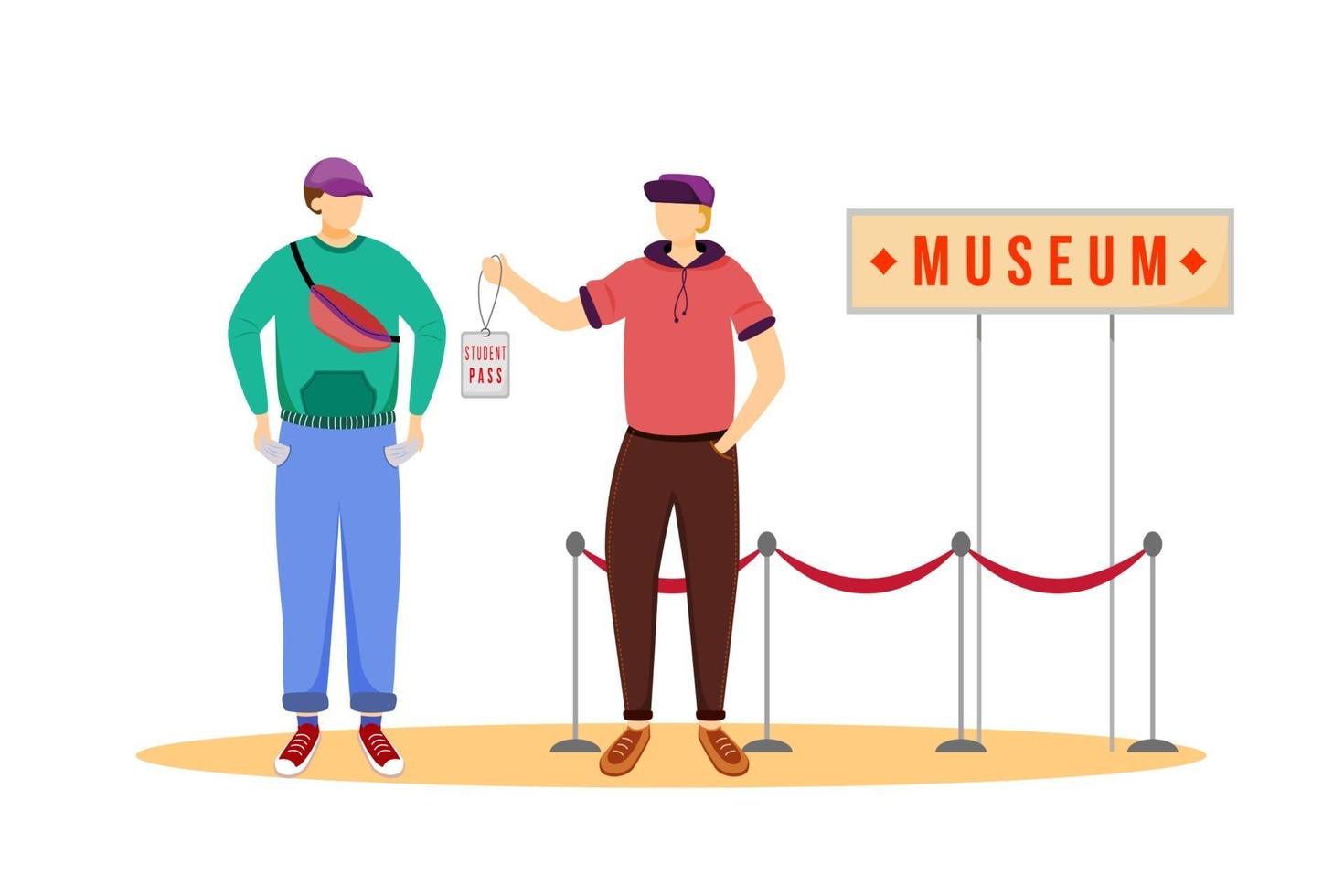 Student pass for museums flat vector illustration. Cheap travelling ideas. Discount for students. Free entrance for youth. Budget tourism isolated cartoon character on white background