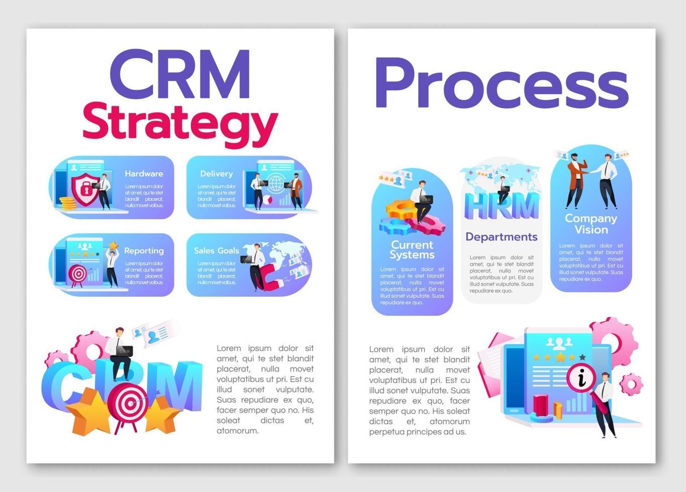 CRM strategy, process flat vector brochure template. Sales goals. Flyer, booklet, printable leaflet design. Current systems. Magazine page, cartoon annual reports, infographic posters with text space