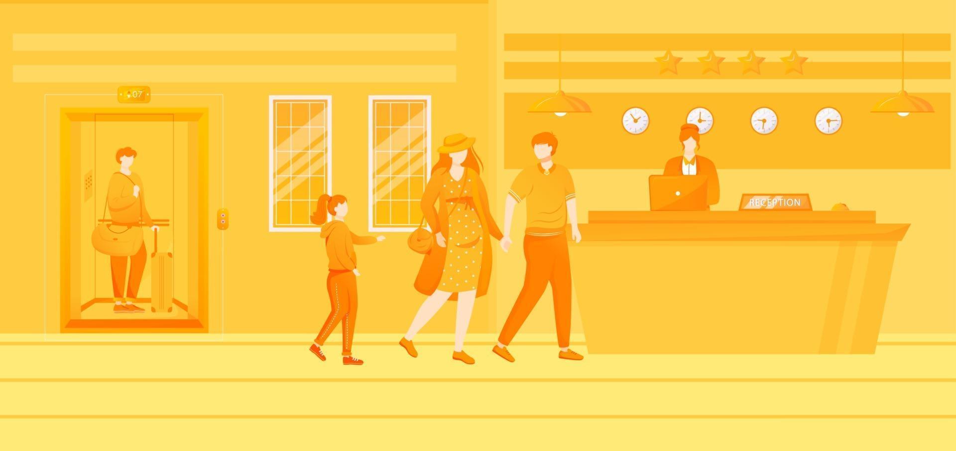 Hotel clients flat vector illustration. People with child near reception. Room reservation, hospitality service. Lobby, waiting area, front desk. Receptionist and guests cartoon characters