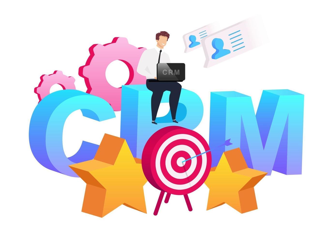 Improving information flat concept vector illustration. Smiling man sitting on word collection 2D cartoon character for web design. Arrow in target and stars. Cogwheels. CRM system creative idea