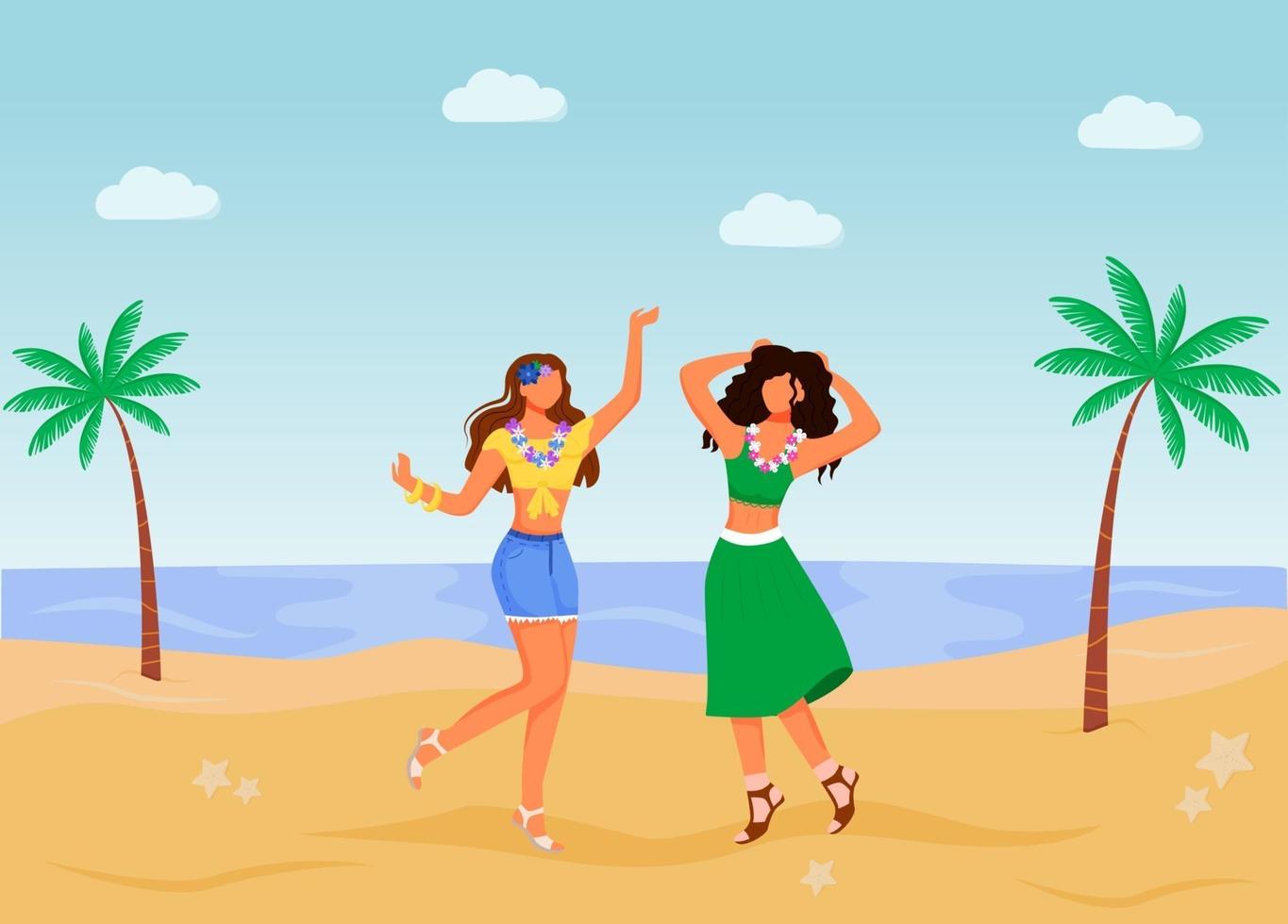 Brazilian carnival flat color vector illustration. Females in summer clothing. Holiday parade. Standing latino women 2D cartoon characters with seabeach and palms on background