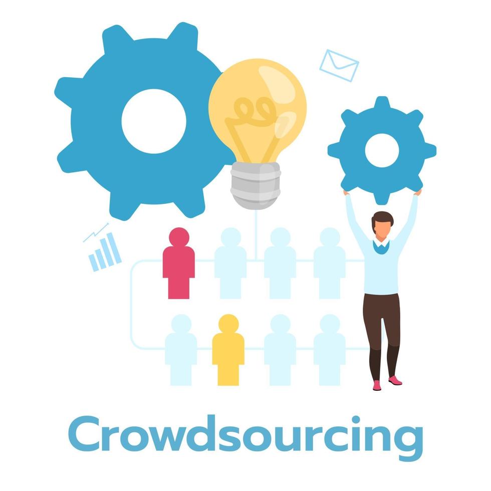 Crowdsourcing flat vector illustration. Job organization. Gathering of information. Business model. Multiple contributors. Company strategy. Headhunting. Isolated cartoon character on white