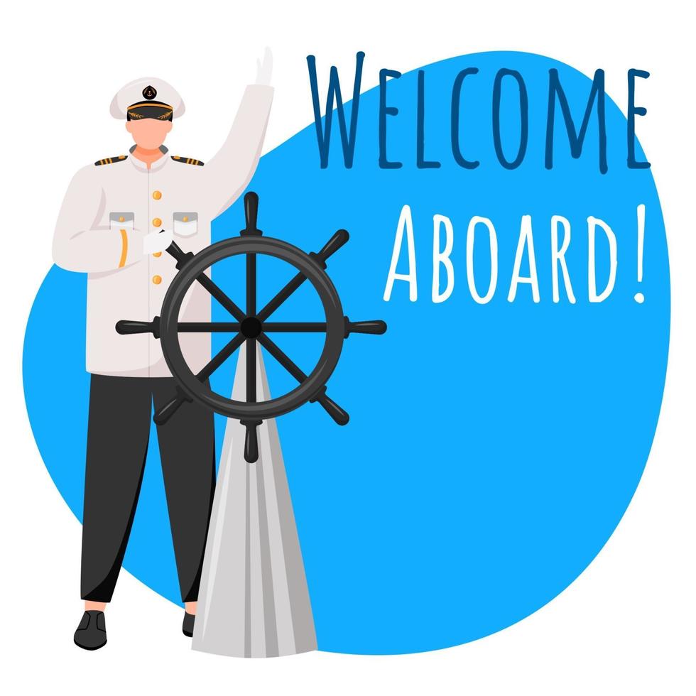 Bienvenido a bordo de la maqueta de publicación de redes sociales. capitán de barco en cubierta. Plantilla de diseño de banner web publicitario. refuerzo de redes sociales, diseño de contenido. cartel de promoción, anuncios impresos con ilustraciones planas. vector