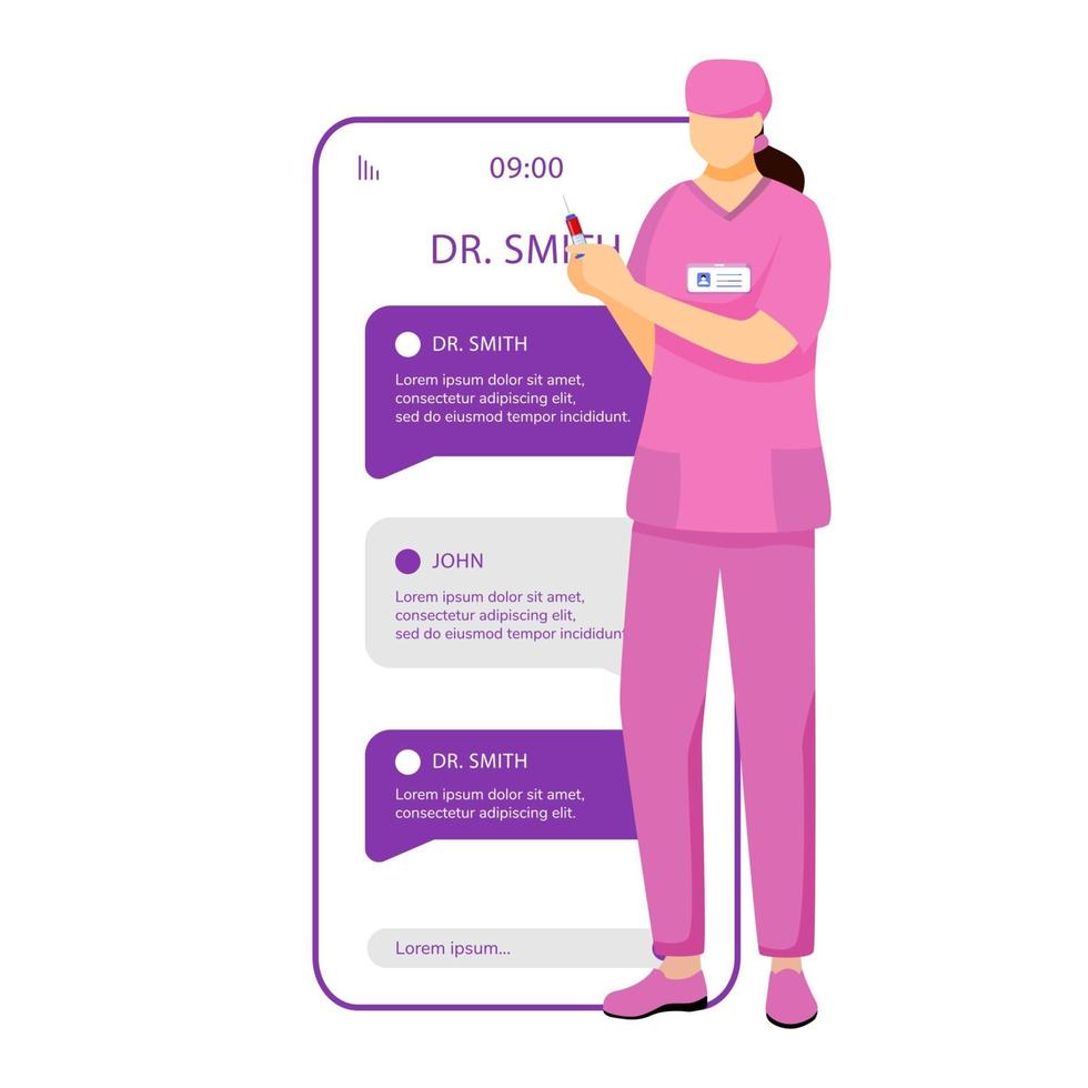 Telemedicine smartphone vector app screen. Online consultation with gynecologist. Mobile phone displays with cartoon characters design mockup. Remote doctor appointment application telephone interface