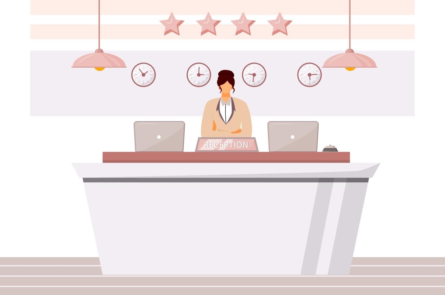 Female receptionist flat color vector illustration. Hotel waiting area,  lobby. Front desk clerk, guest registration. Administrative support worker  isolated cartoon character on white background 2804497 Vector Art at  Vecteezy