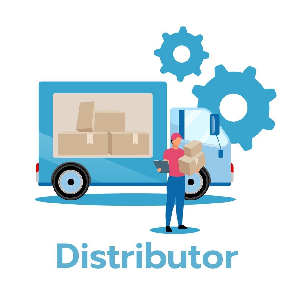Distributor flat vector illustration. Producer, service provider. Business model. Strategic planning. Distribution of products and services. Delivery truck. Isolated cartoon character on white