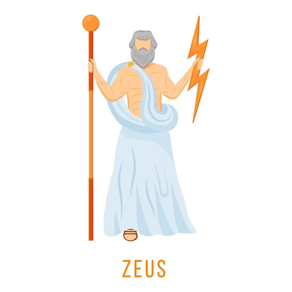 Zeus flat vector illustration. Ancient Greek deity. God of sky, thunder and lightning. King, ruler of Olympus. Mythology. Divine mythological figure. Isolated cartoon character on white background