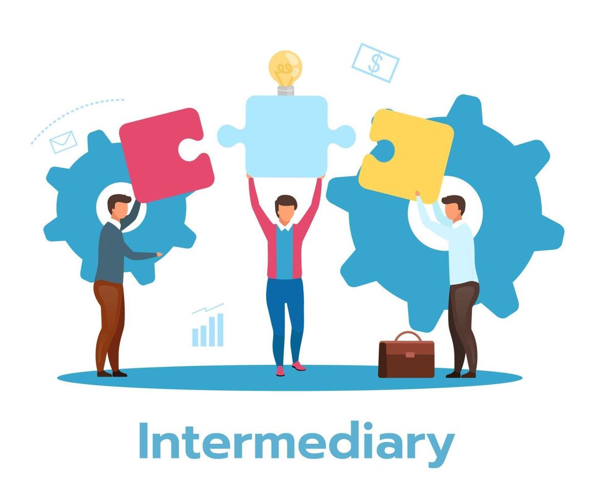 Intermediary flat vector illustration. Social enterprise. Wholesaler, distributor, reseller. E-commerce. Business model. Isolated cartoon character on white background