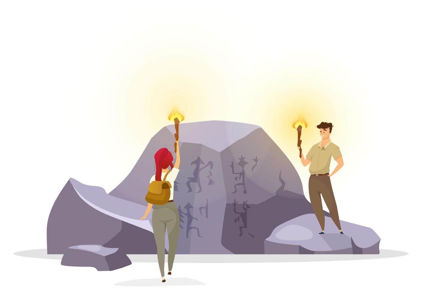 Tourists in cave flat vector illustration. Expedition group observing wall painting on rock. Prehistoric culture. Woman and man with torches discover mural pictures. Explorers cartoon characters