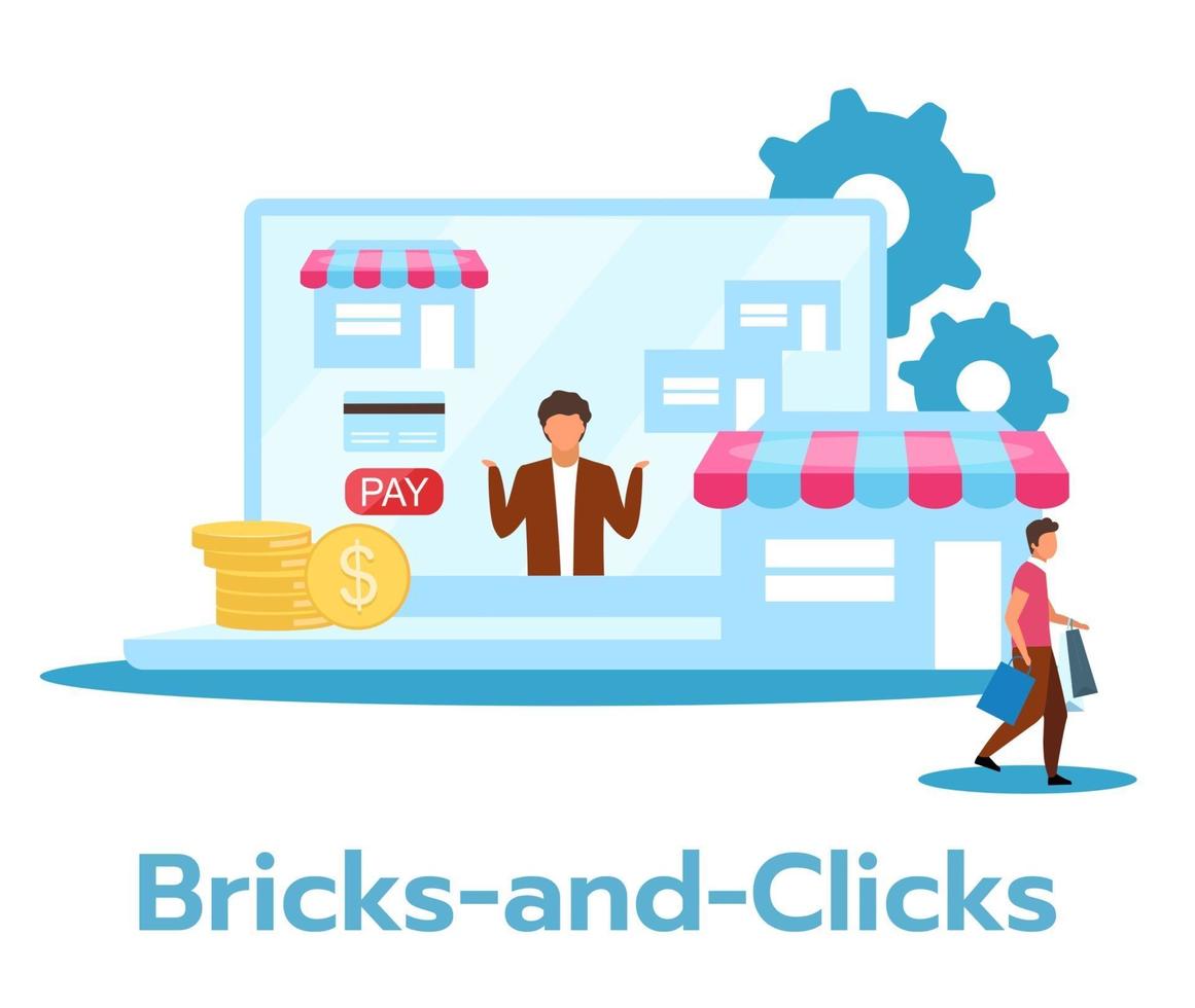 Bricks-and-clicks flat vector illustration. Combination of online and offline trade. Traditional and electronic selling. Marketing strategy. Business model. Isolated cartoon character on white