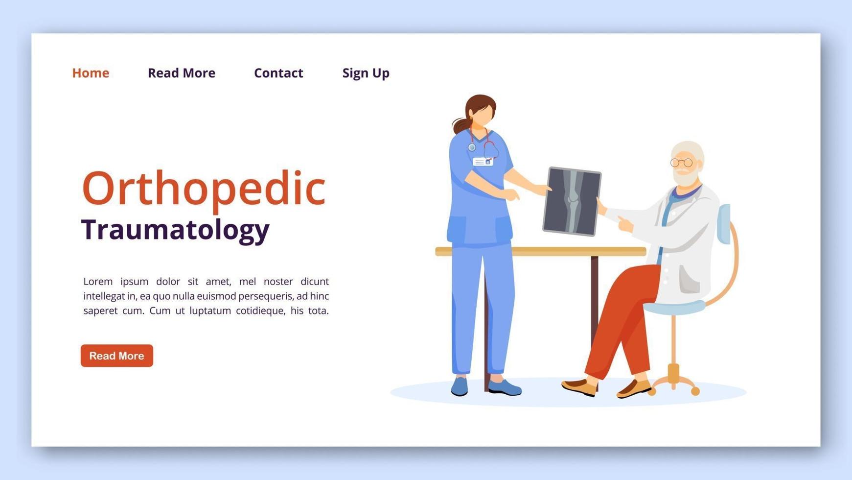 Orthopedic and traumatology landing page vector template. Bone fracture, trauma treatment website interface idea with flat illustrations. Clinic homepage layout. Web banner, webpage cartoon concept