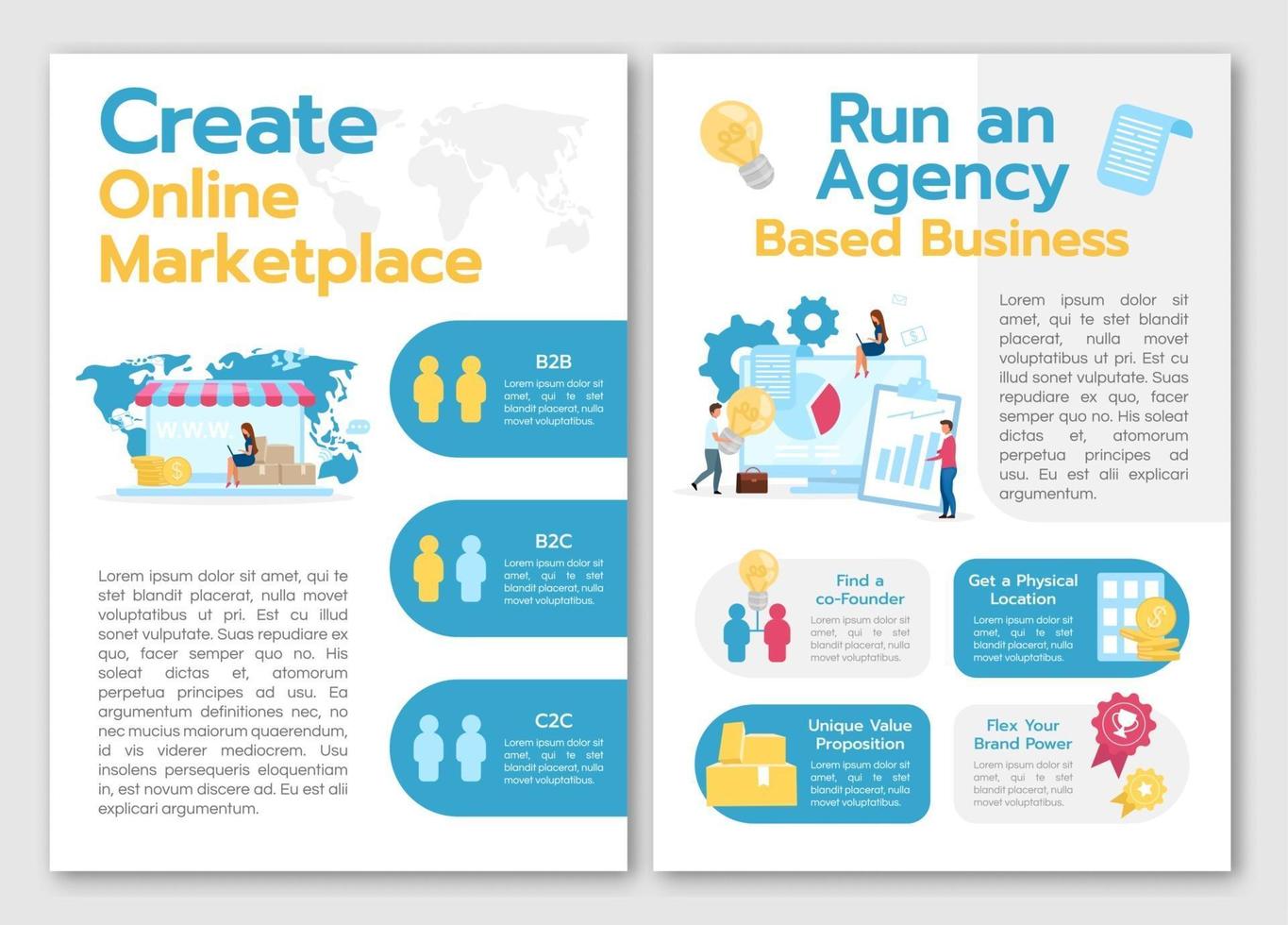 Create online marketplace brochure template. Run agency based business. Flyer, leaflet concept, flat illustrations. Vector page cartoon layout for magazine. advertising invitation with text space