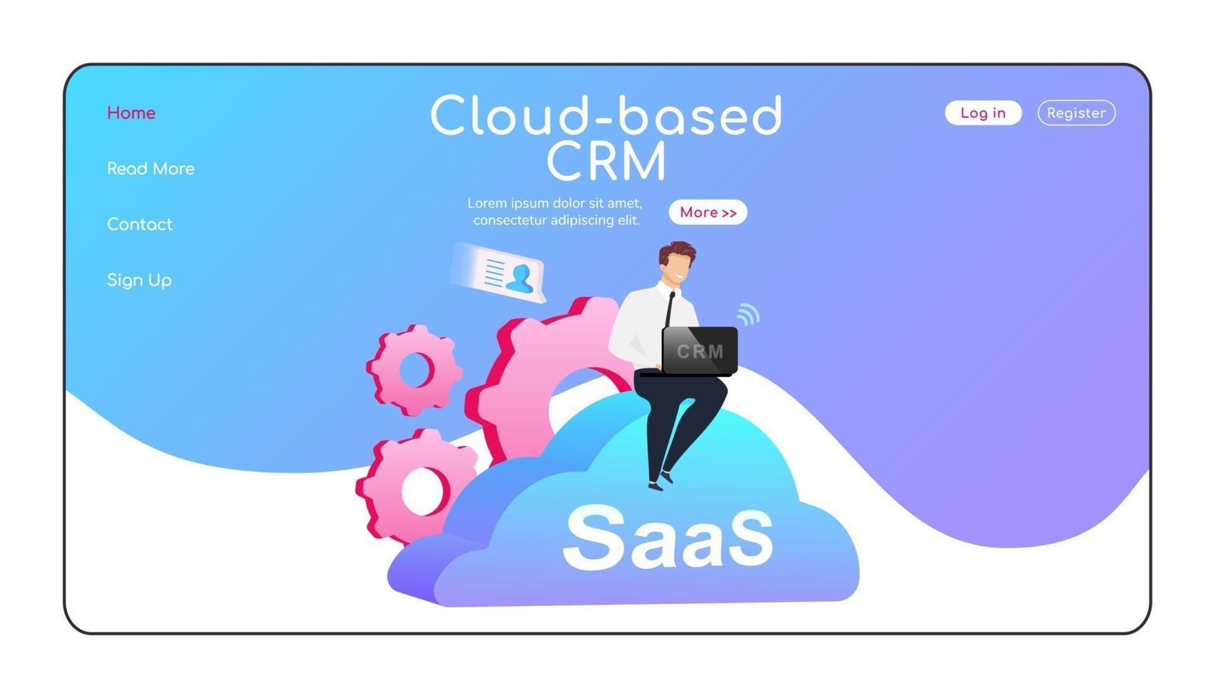 Cloud based CRM landing page flat color vector template. Man sitting on cumulus homepage layout. SaaS one page website interface with cartoon character. Computer software web banner, webpage