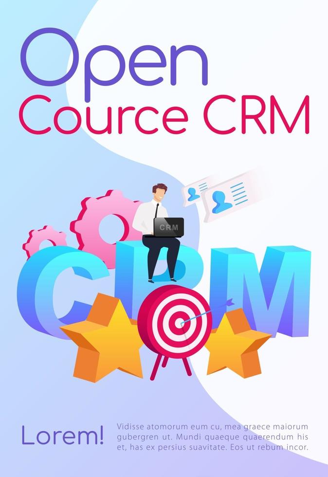 Open source CRM poster flat vector template. Company customization. Brochure, booklet one page concept design with cartoon characters. Arrow in target. Smiling man sitting on word flyer, leaflet