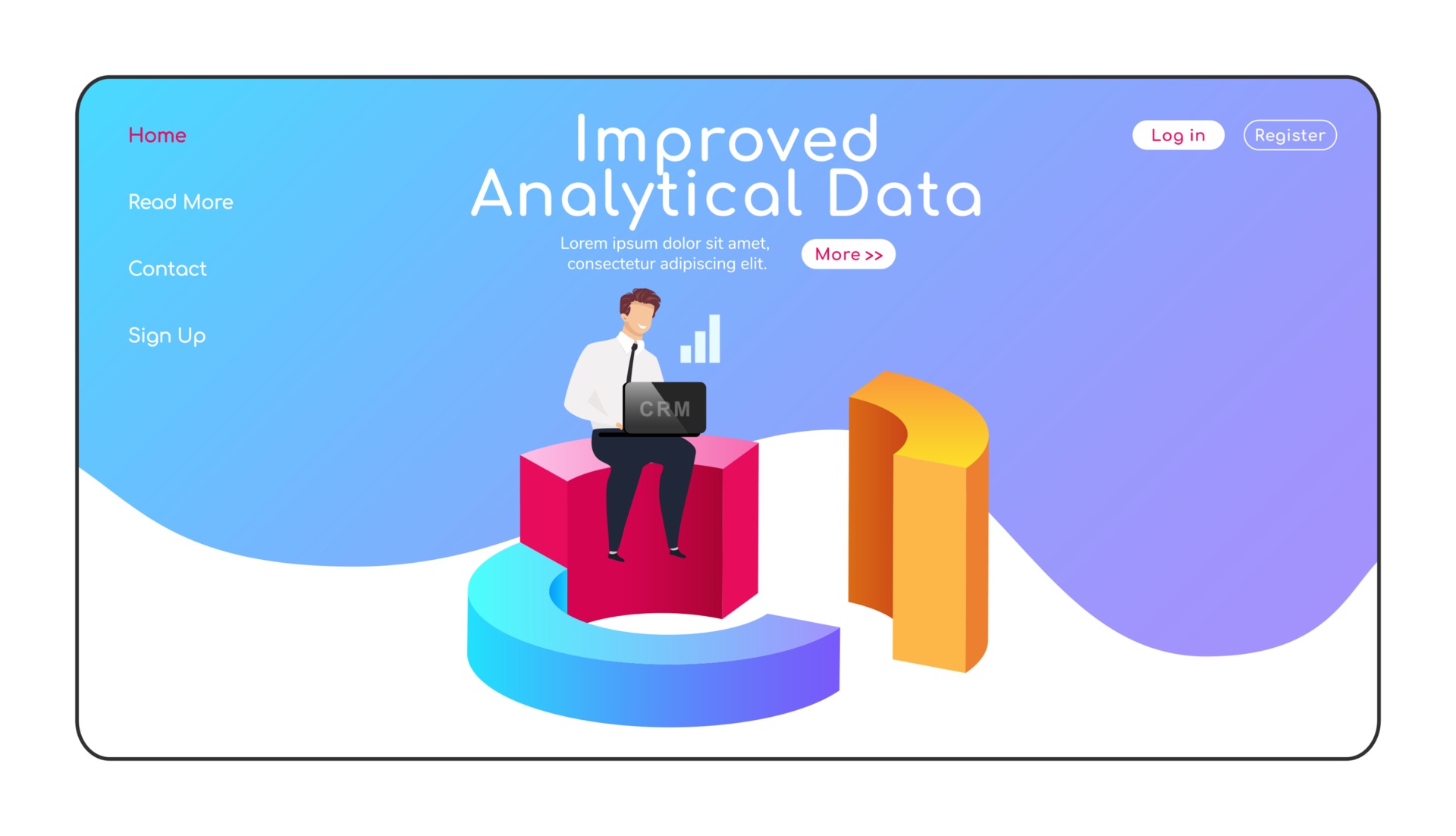 Improved analytical data landing page flat color vector template. Man ...