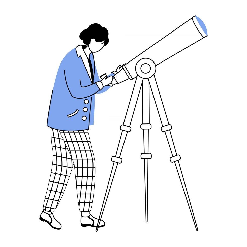 Astronomer flat contour vector illustration. Observing stars, sky. Scientist discovering space simple drawing. Man with telescope isolated cartoon outline character on white background