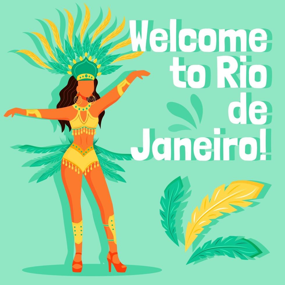 maqueta de publicación de redes sociales del carnaval de brasil. bienvenido a la frase de rio de janeiro. plantilla de diseño de banner web. refuerzo de traje de mujer, diseño de contenido con inscripción. cartel, anuncios impresos e ilustración plana. vector