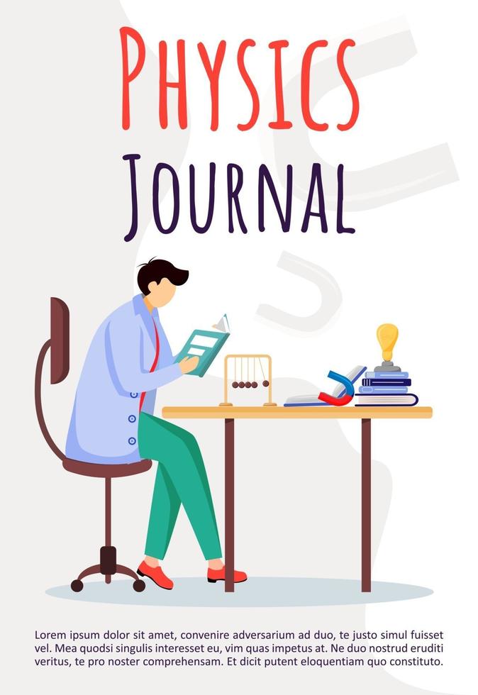 Physics journal poster vector template. Scientist reads at working place. Brochure, cover, booklet page concept design with flat illustrations. Advertising flyer, leaflet, banner layout idea