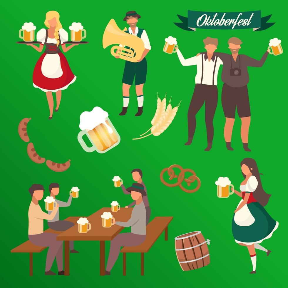 Oktoberfest flat vector illustrations set. Visitors with cups of alcohol. Waiters in national costumes stickers. Barrel and barley. Musician with trumpet. Beer Festival isolated cartoon characters