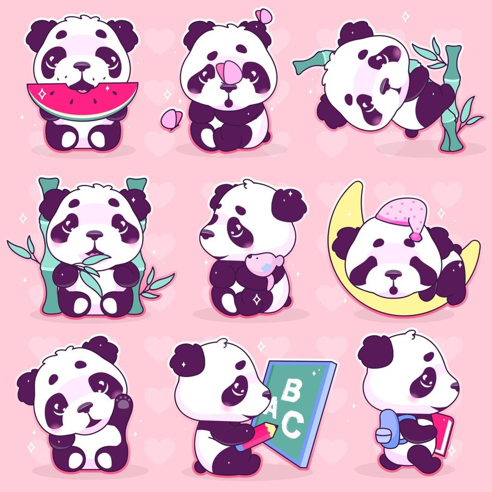Conjunto de caracteres de vector de dibujos animados lindo panda kawaii. animal adorable, feliz y divertido comiendo sandía, adhesivo aislado de bambú, paquete de parches. anime bebé oso panda durmiendo emoji sobre fondo rosa