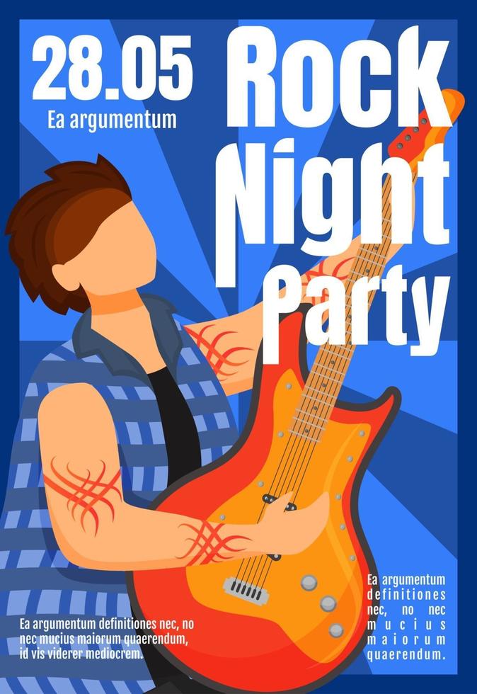 Plantilla de folleto de fiesta de noche de rock. guitarrista. concierto, concierto. folleto, folleto, concepto de folleto con ilustración plana. diseño de dibujos animados de página de vector para revista. invitación publicitaria con espacio de texto