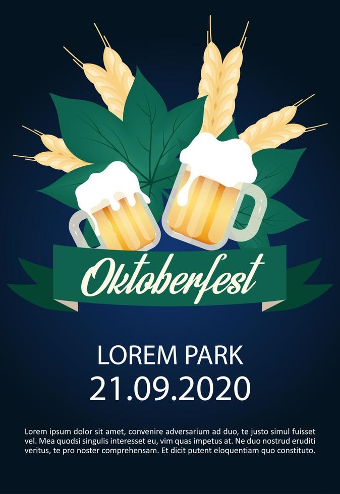 Oktoberfest brochure template. Barley and cups of alcohol. Beer Festival. Flyer, booklet, leaflet concept with flat illustrations. Vector page layout for magazine. Advertising invitation, text space