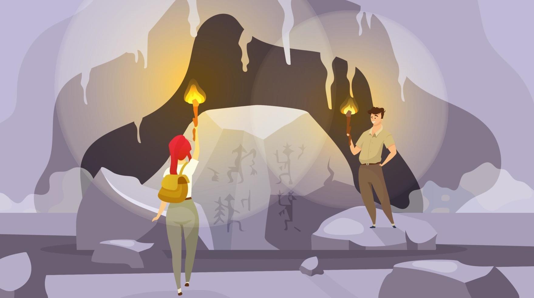 Expedition into caves flat vector illustration. Man and woman exploring inside mountain with torches. Female find mural painting. Male observing wall pictures. Tourists cartoon characters