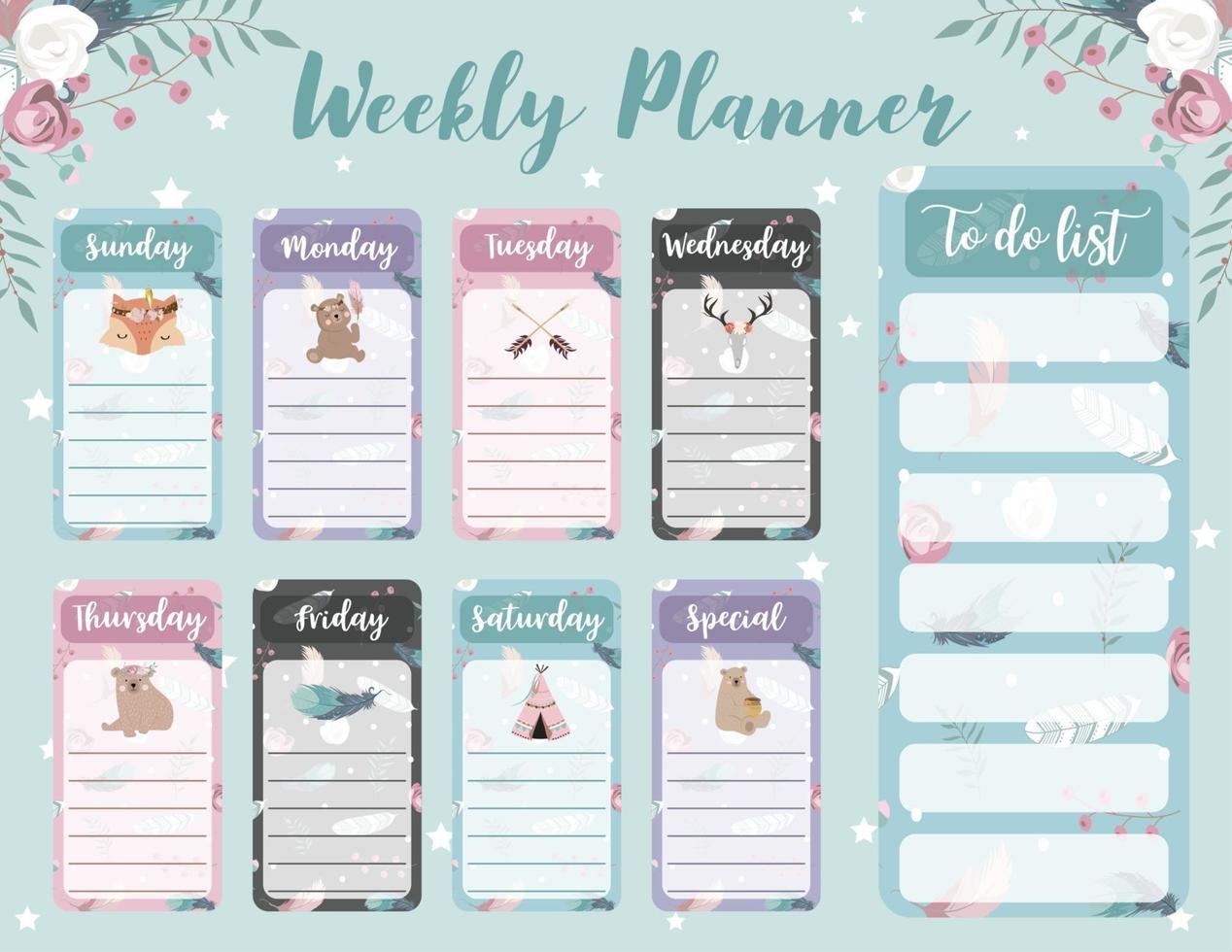 Weekly planner start on Sunday with bear cub,fox,wild,to do list that use for vertical digital and printable A4 A5 size vector