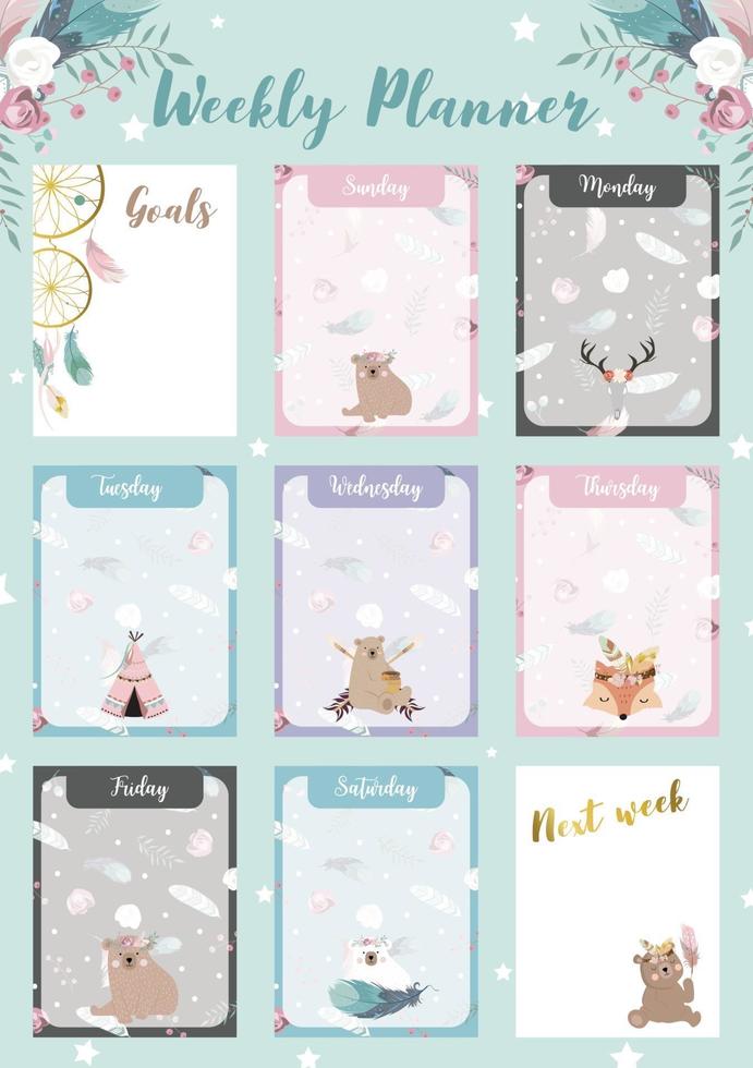 Weekly planner start on Sunday with bear cub,fox,wild,goals that use for vertical digital and printable A4 A5 size vector