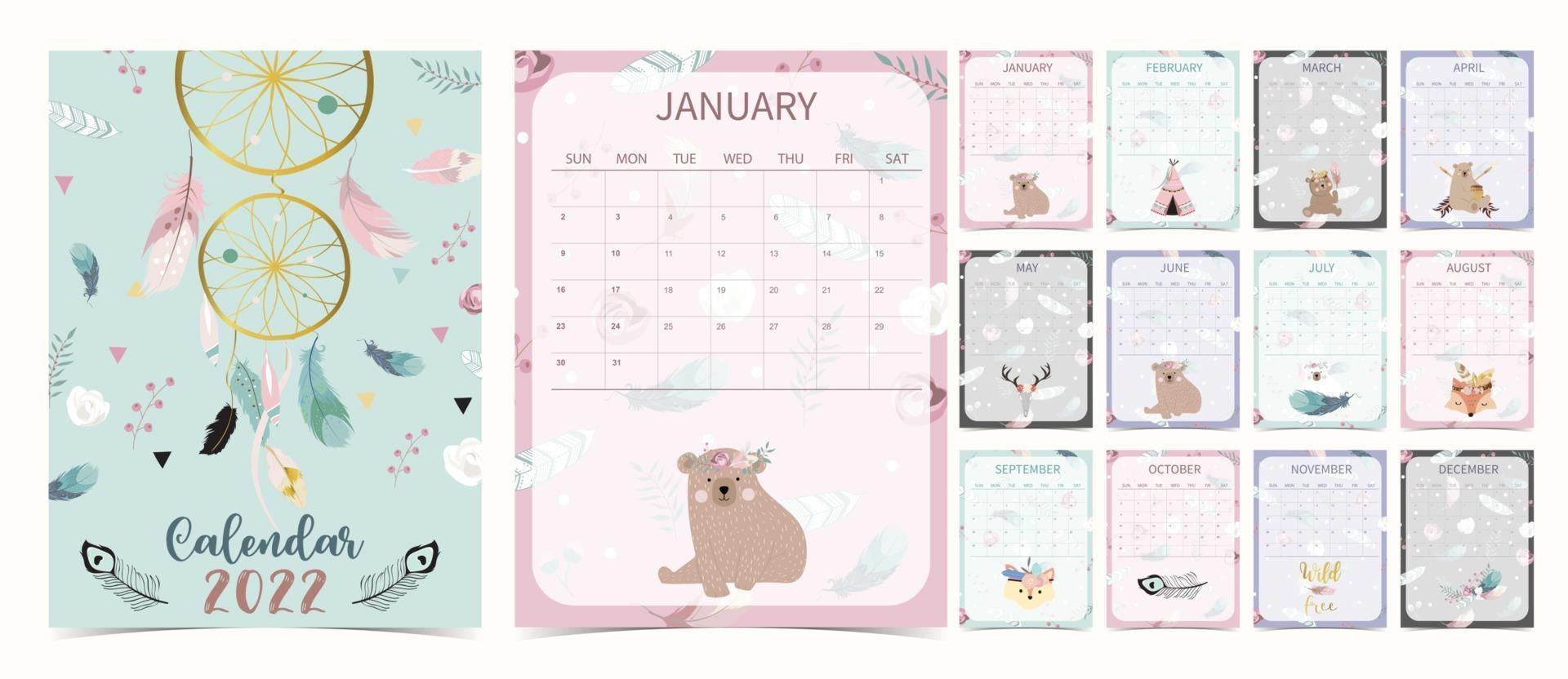 Cute 2022 table calendar week start on Sunday with bear cub that use for vertical digital and printable A4 A5 size vector