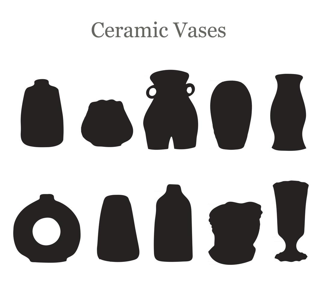 vector silueta negra con ilustraciones de la colección de jarrones de cerámica aislado en blanco. Úselo como elemento para el diseño de tarjetas de felicitación, carteles, pancartas, publicaciones en las redes sociales, invitaciones, diseño gráfico