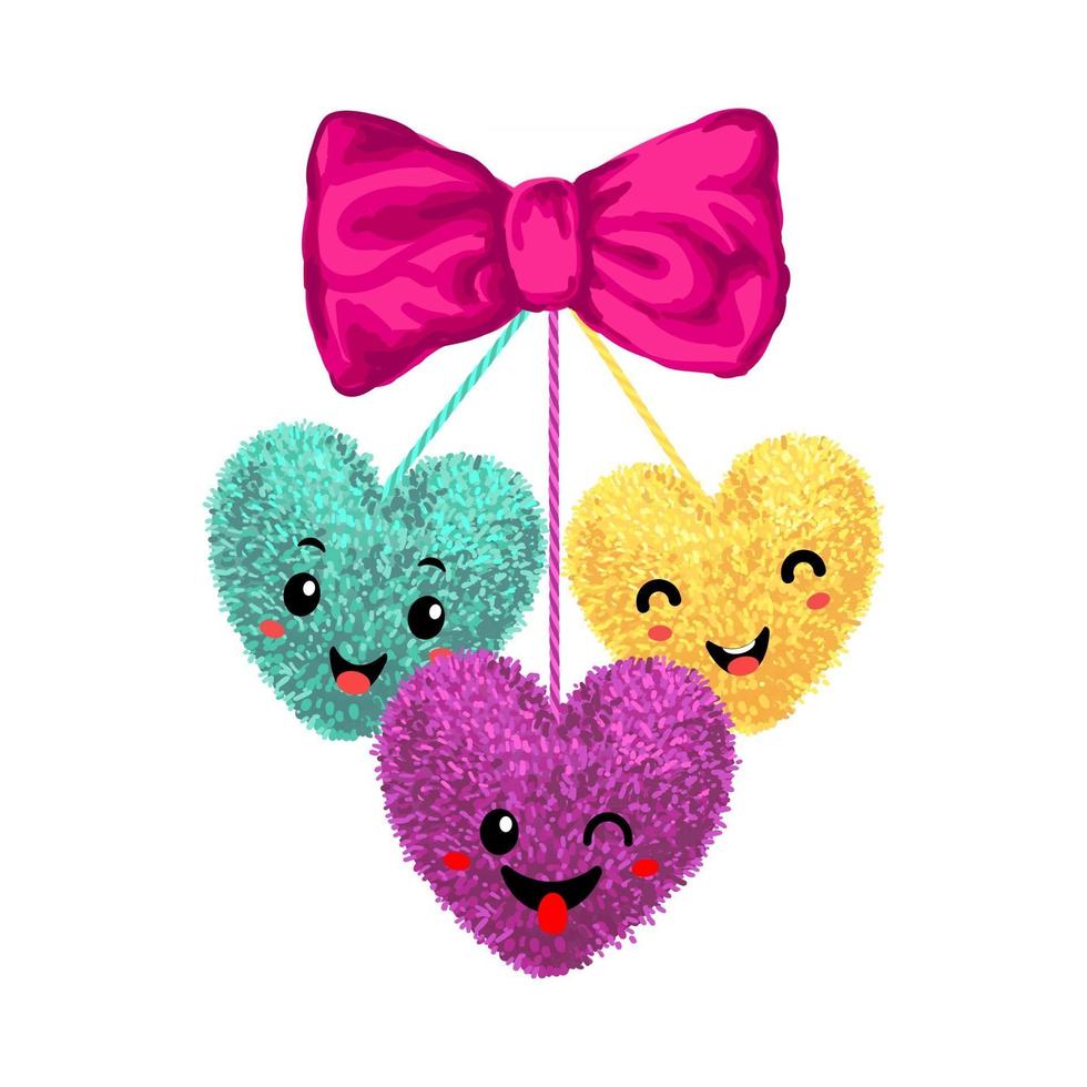 Vector colorful illustration of decortive elements with pom-poms in the shape of a heart hanging on the ropes with bow isolated on white background. Decor for Valentines day design.