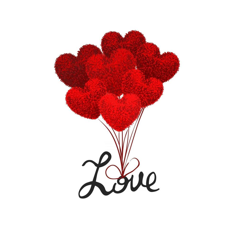 Vector colorful illustration fluffy balloons shape of heart attached to word love and lift it into air. Valentines Day cartoon style illustration. Used as posrcard, poster, flyer, brochure, banner