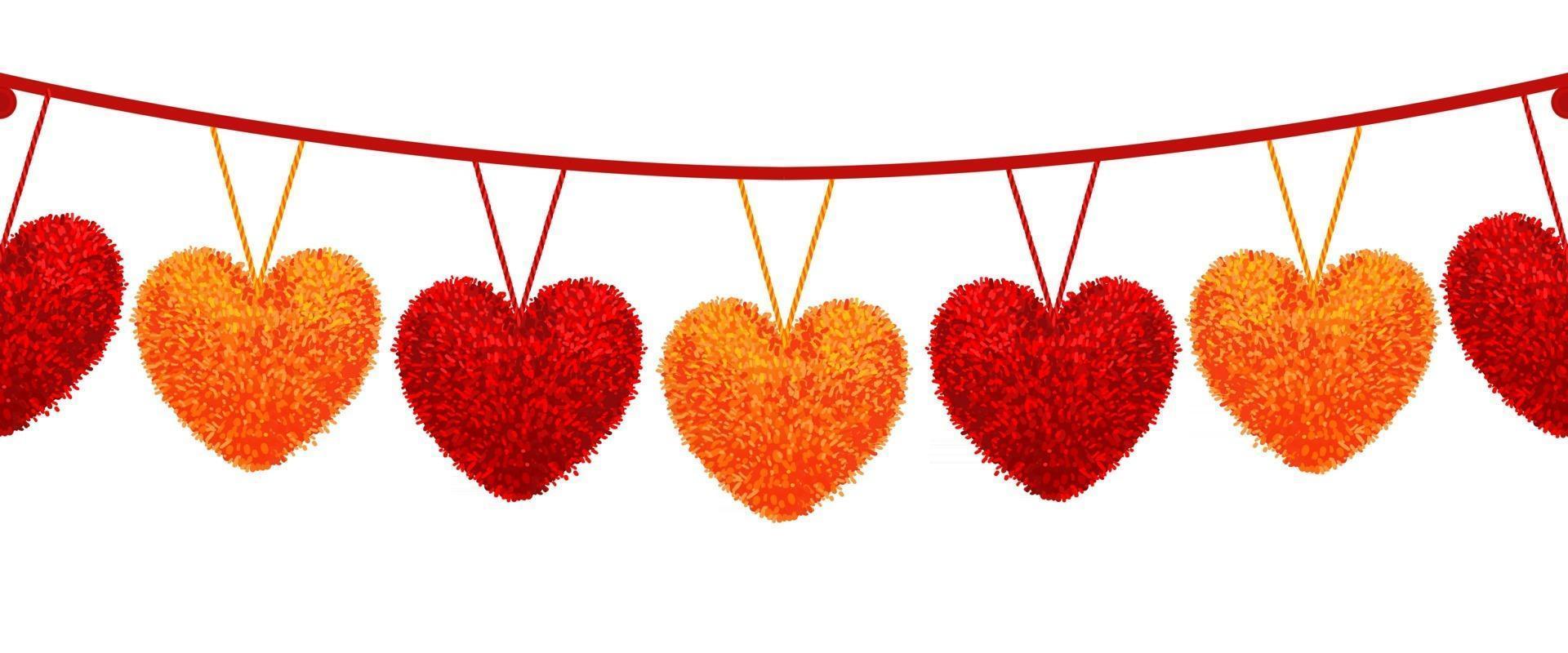 vector ilustración colorida de elementos decortivos con pompones rojos y naranjas en forma de corazón colgando de las cuerdas como guirnalda aislada sobre fondo blanco decoración diseño del día de San Valentín. patrón sin costuras