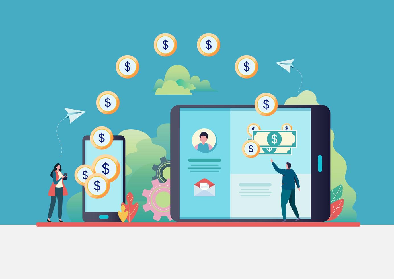 Online money transfer. People send money via smartphone. internet banking. worldwide payment. Flat vector illustration modern character design.