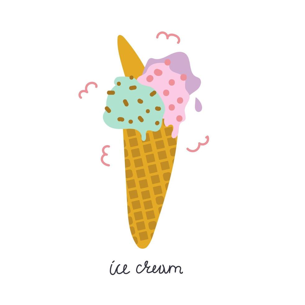 Hand drawn ice cream in the waffle cone. Flat illustration. Summer concept vector