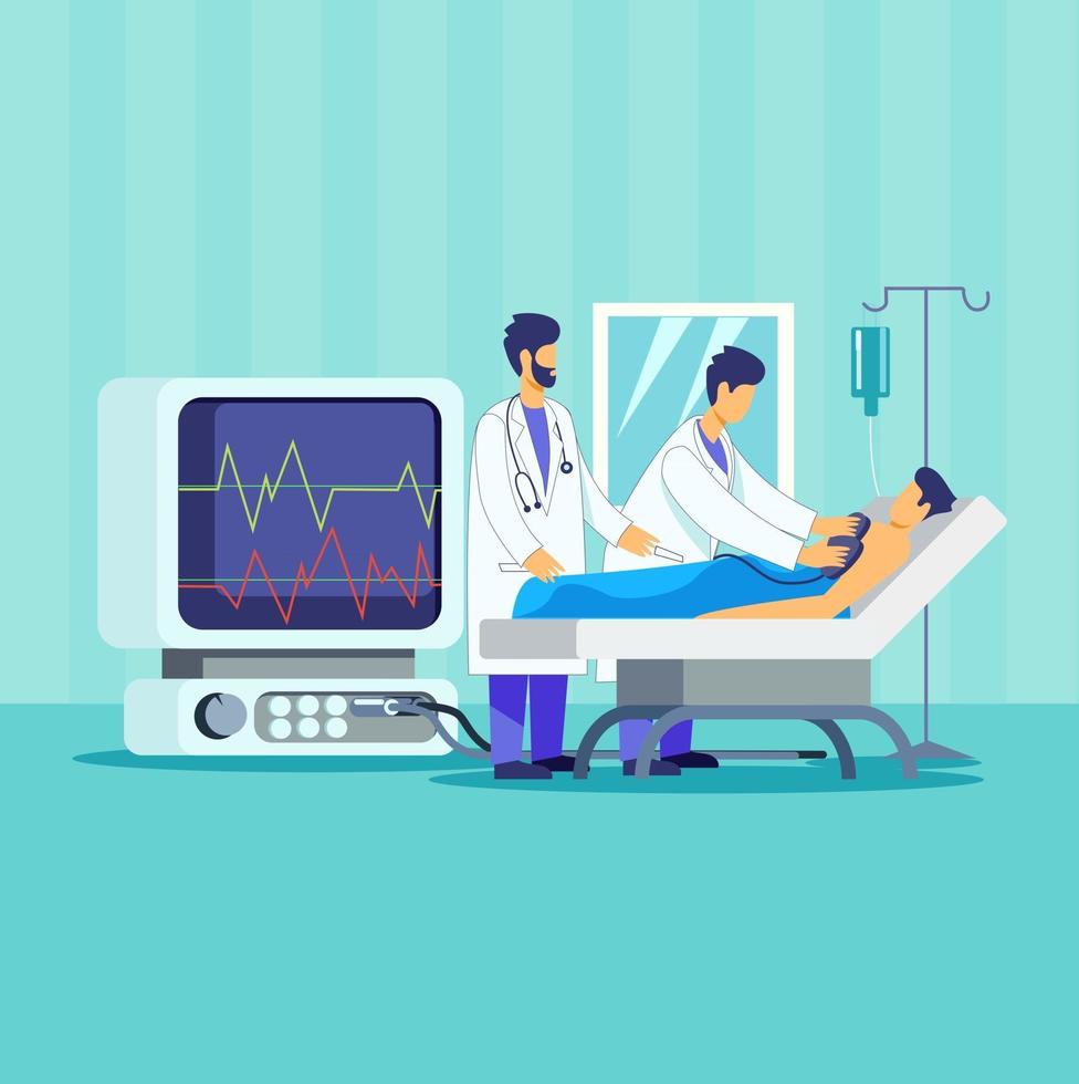 Doctors visiting patient lying on hospital bed illustration concept vector