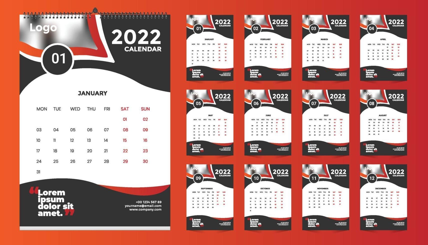 Diseño de plantilla de calendario de pared mensual para 2022, año. la semana comienza el domingo. diario del planificador con lugar para la foto. vector