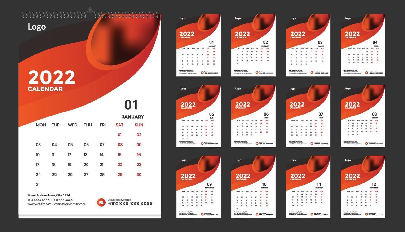 Monthly wall calendar template design for 2022, year. Week starts on Sunday. Planner diary with Place for Photo. vector