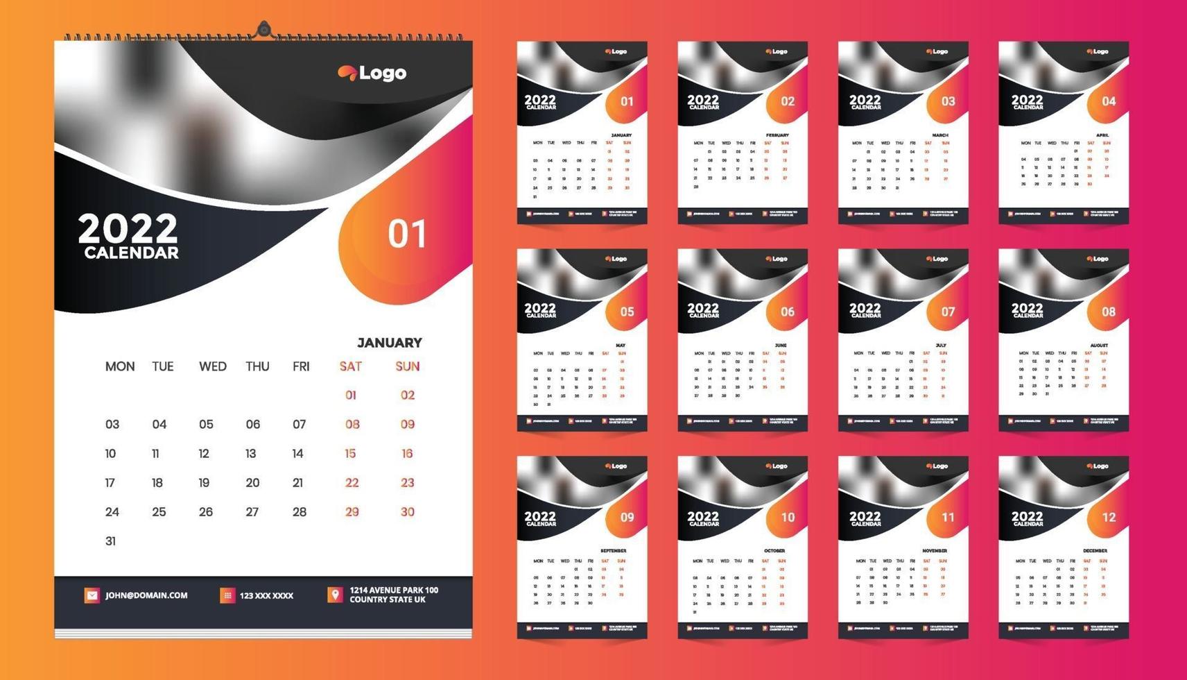 Diseño de plantilla de calendario de pared mensual para 2022, año. la semana comienza el domingo. diario del planificador con lugar para la foto. vector