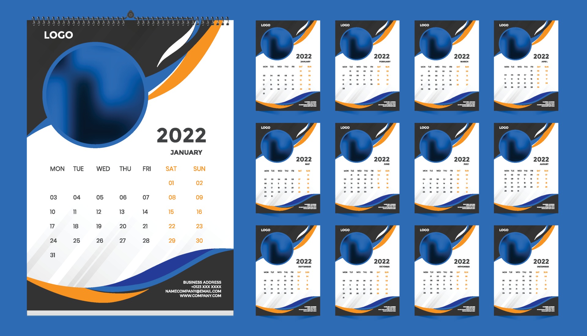 Monthly wall calendar template design for 2022, year. Week starts on