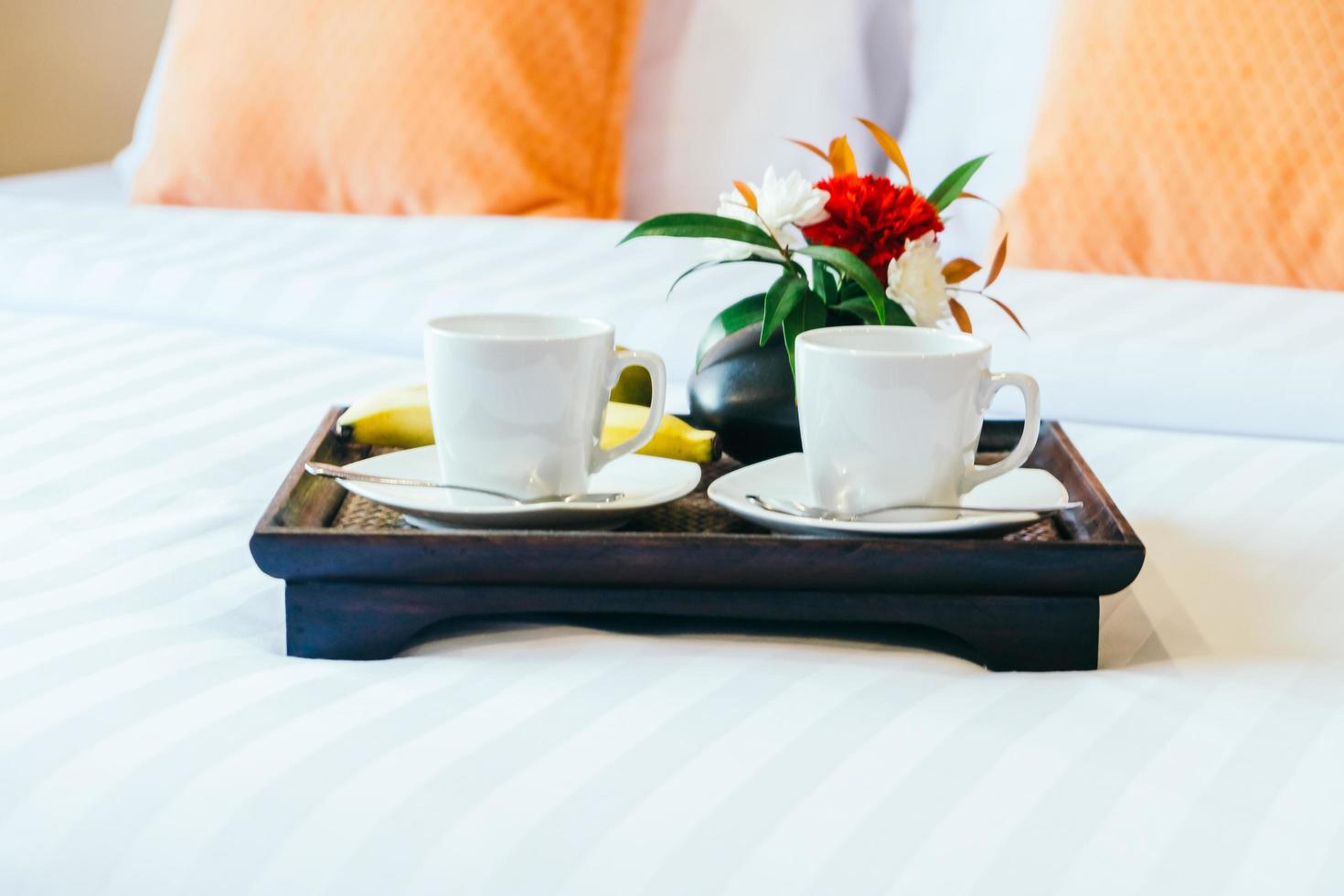 Coffee for breakfast on bed photo