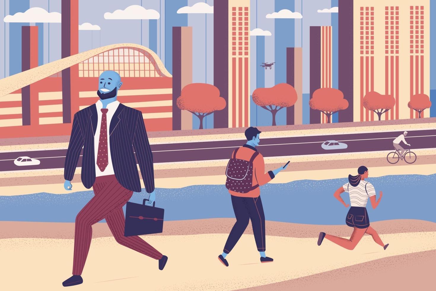People walking on the street with cityscape background. Landscape building panorama with skyscraper. Pedestrian men and women characters and cyclist hurry to work. Cartoon flat vector illustration.