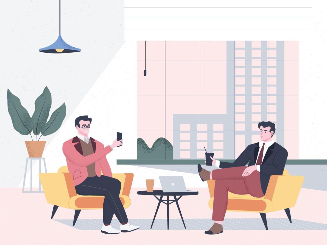 Coworkers on a break in a modern office with a city view. Office workers relaxing, colleagues drinking coffee, watching videos and take a selfie. Cartoon flat vector illustration with characters